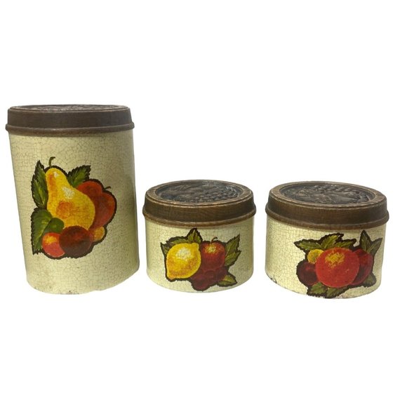 Vintage Kitchen Cannisters Retro Fruit Tin County Kitchen Cabin Storage Containe - Picture 1 of 9
